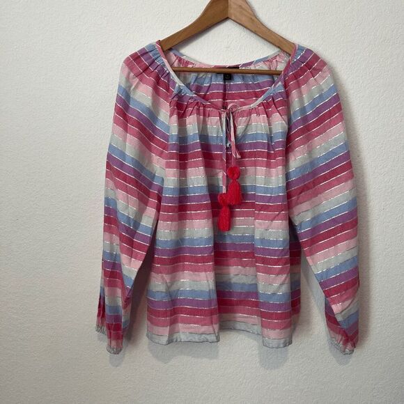 J. Crew Metallic Pastel Stripe Tassel Tie Peasant Top Women's Size Medium NWT - Picture 2 of 6